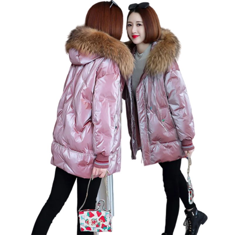 

2021 High Grade Glossy Down Coat Female Jacket Long Winter New Thick Warm Hooded Big Fur Collar Parka White Duck Down Women Coat