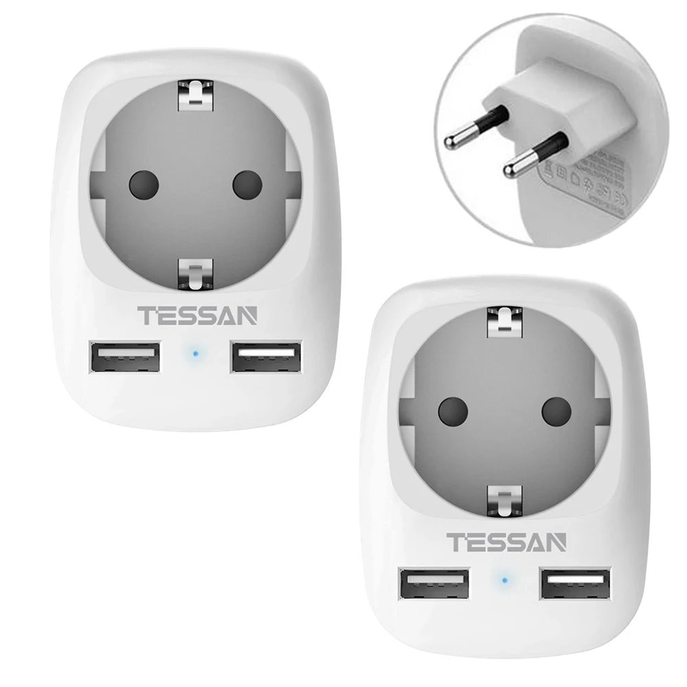 

TESSAN Power Adapter -2 Packs with 1 Socket and 2 USB Connections (2.4A), 3 in 1 Socket EU Universal Travel Adapter