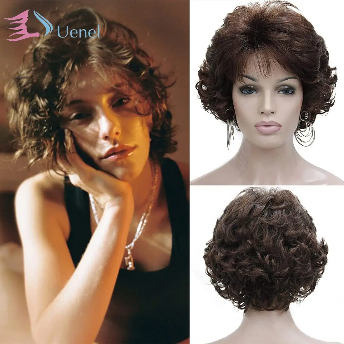 

Uenel темно-коричневый короткий вьющийся волнистый парик с челкой из волос 100% импортные высококачественные синтетические модные парики из ко...