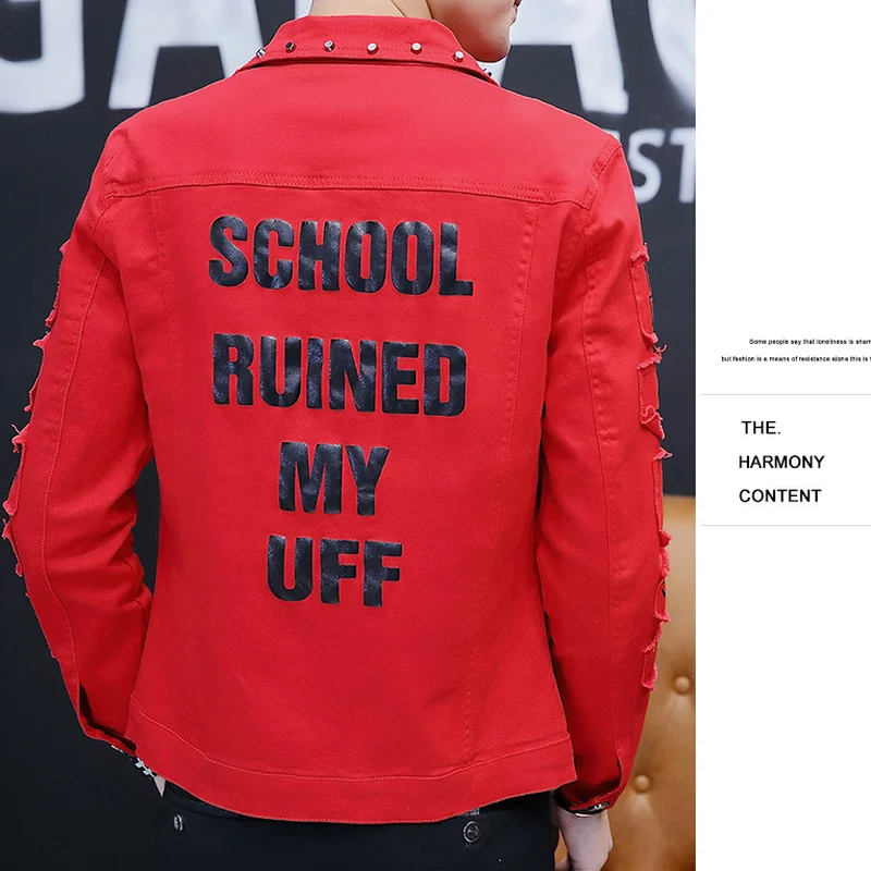

Men's Korean Fashion Rivet Jackets Casual Hole Denim Jacket Men Motorcycle Coats Streetwear 2021 Spring Autumn New Harajuku Coat