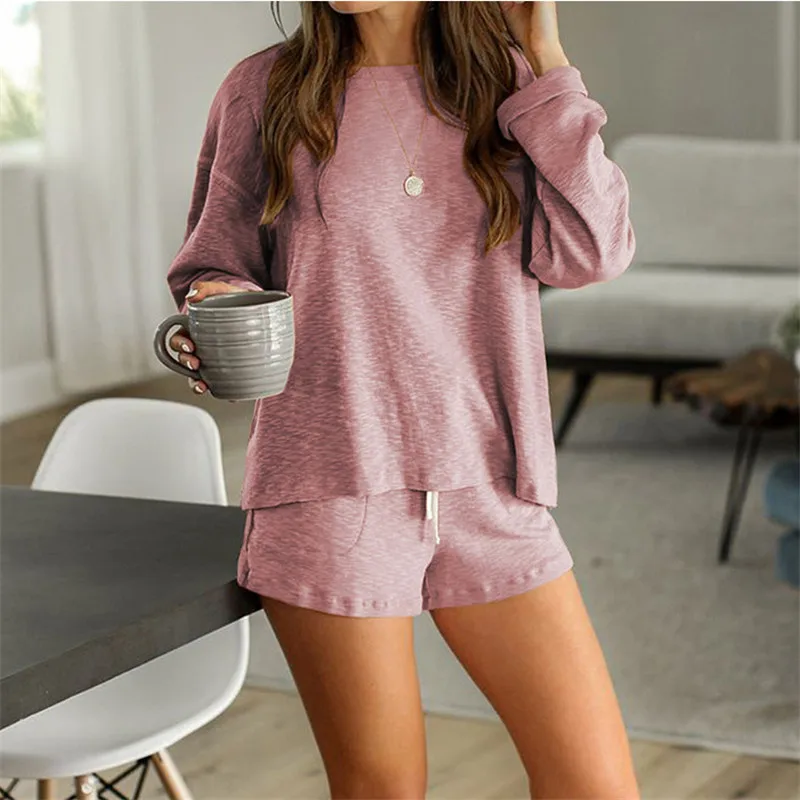 

Пикантные шорты + Топы с длинным рукавом, пижамные комплекты, женская одежда для сна, большие размеры, женская летняя Пижама, 2 шт./компл.