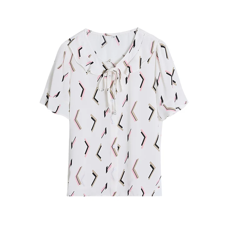 

Women's Blouse Short Sleeve Tops Fashion Printed Shirt Chiffon Top Casual Shirts Bow Summer New Women Blouses 10106
