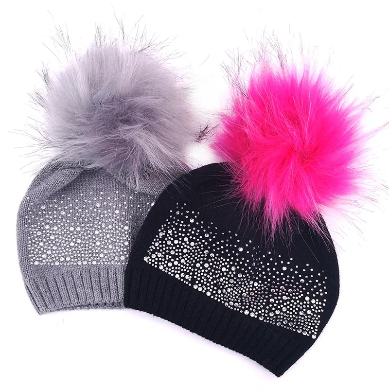 Хлопковые вязаные шапки и для новорожденных девочек стразы детей с помпоном из