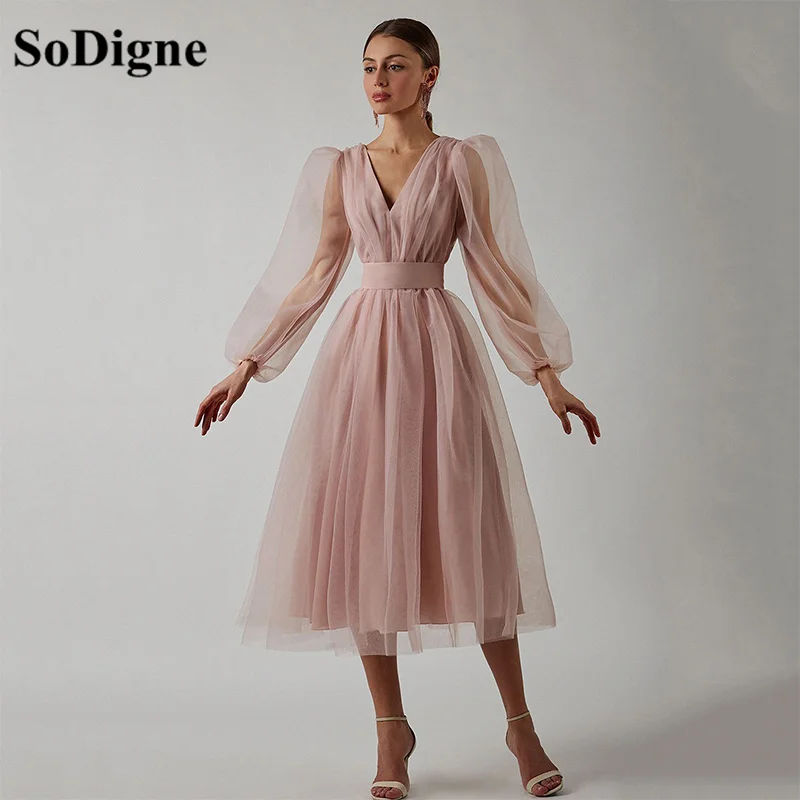 

2021 пыльное розовое Тюлевое платье для выпускного вечера с V-образным вырезом и длинными рукавами-фонариками на молнии с открытой спиной дли...