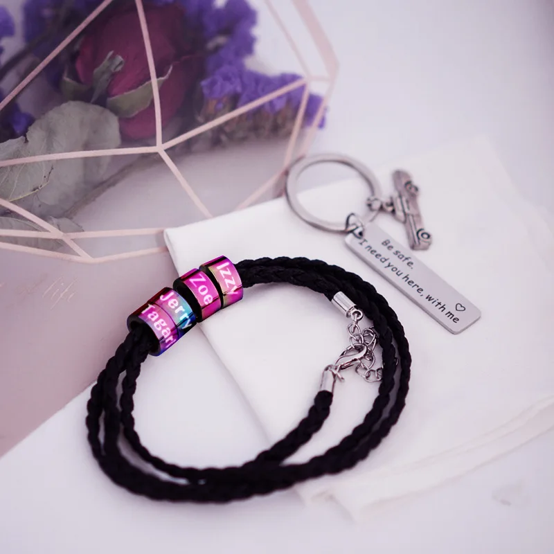 Индивидуальный мужской черный кожаный браслет маленькие бусины на заказ с