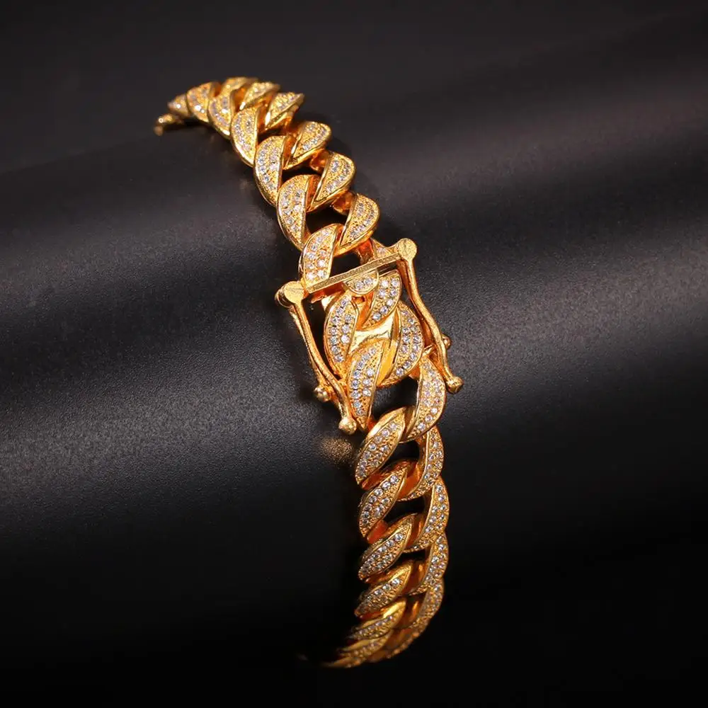 

Bracelet 12MM Men Zircon Curb Cuban Bracelet Hip hop Jewelry Golden Thick Heavy Copper Material Iced CZ Bracelets