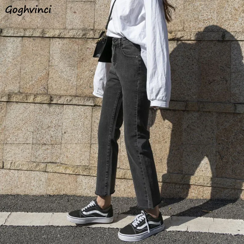 

Джинсы женские с завышенной талией, однотонные простые узкие прямые брюки из денима до щиколотки в стиле ретро, универсальные шикарные женс...