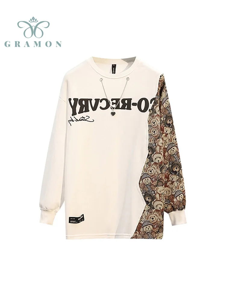 

Fashion Streetwear Hoodies Loose Sweatshirt Printed Spliced O Neck Long Sleeve Top Pullover Femme Autumn Plus Size Women Clothes