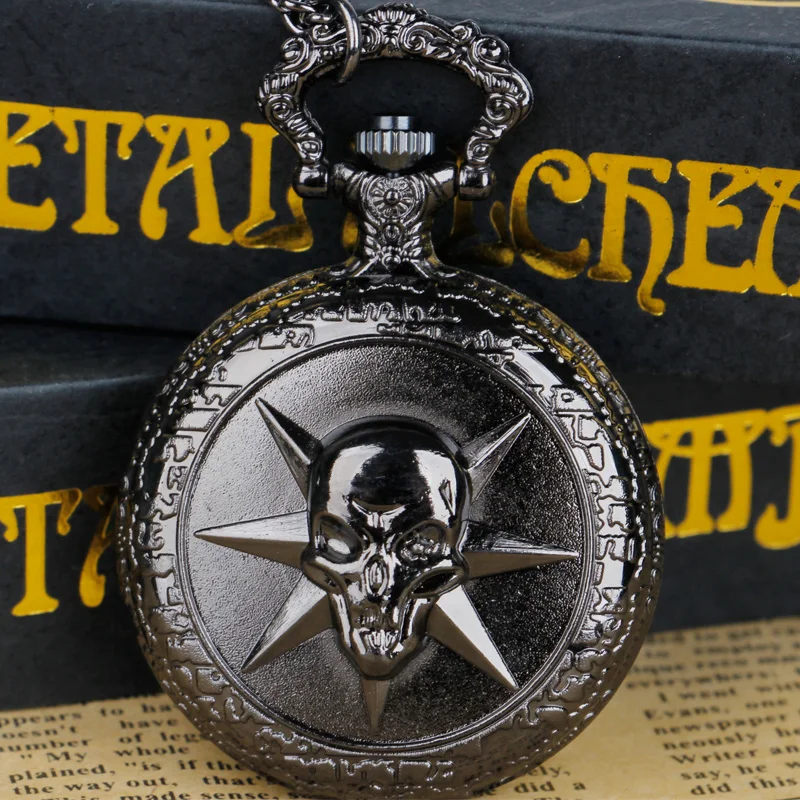 

Steampunk Skull Carved Black Quartz Pocket Watch Men's Necklace Pendant Clock Fob Gift