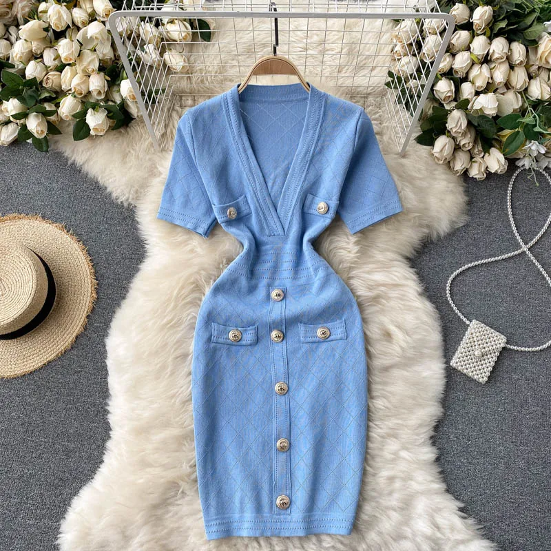 

Women Knitted Pencil Dress V Neck Short Sleeve Elastic Slim Sheath Dresses Summer Korean Chic Streetwear Short Dress