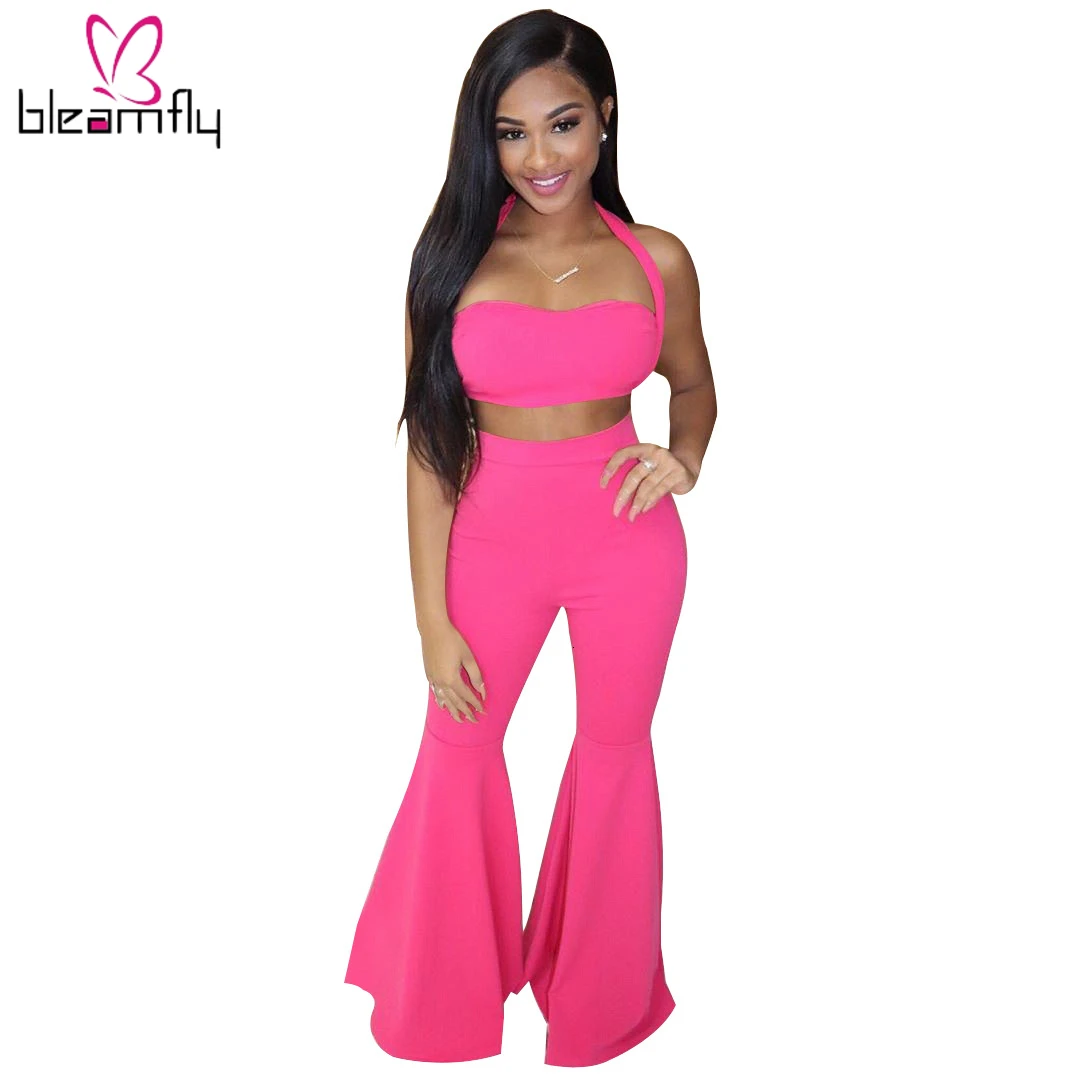 Новый женский короткий укороченный топ с бретельками на шее широкие брюки костюм