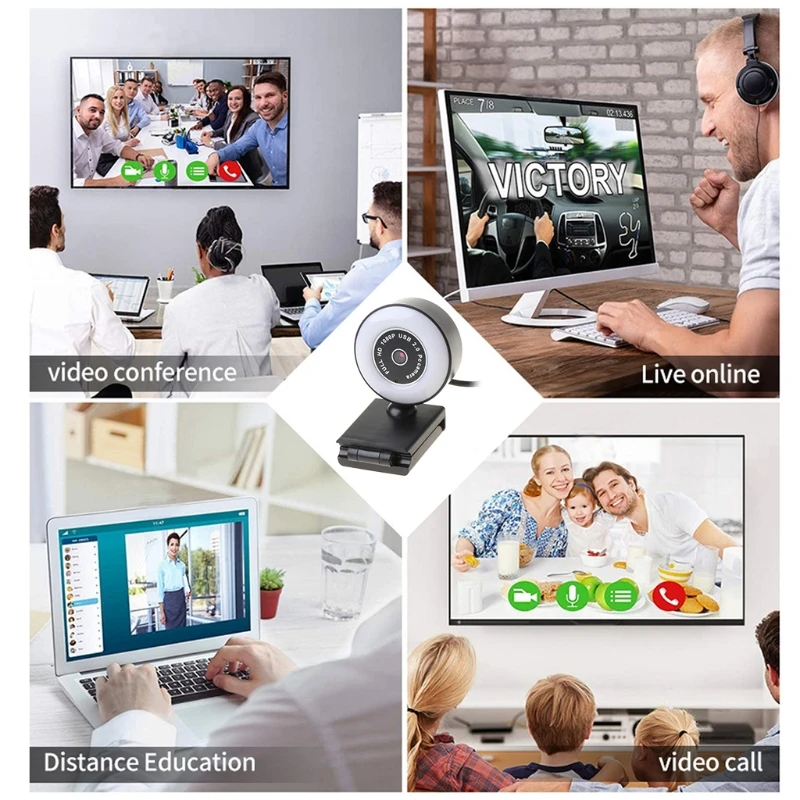 

Computer Camera Mini Webcam 1080P WebCam Auto Focus -HD Fill Light Web Cam With Microphone LED Ring Light Pc Camera