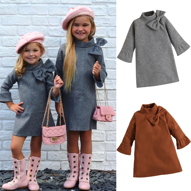 

Spring and Autumn Fashion Baby Girls Clothing Big Bow Girl Dress Children Polyester Long Sleeve Dresses 1-6 Yrs Clothes 4 Color