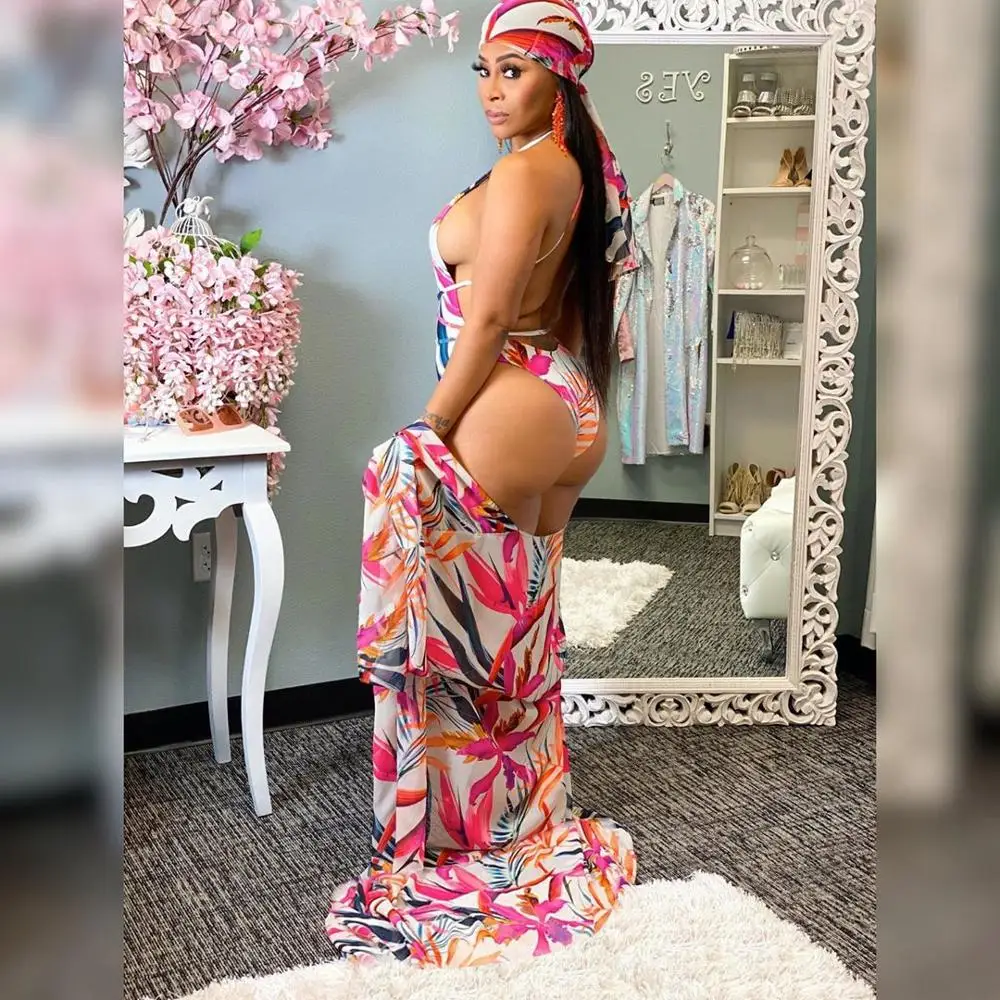 Swimsuit And Cover Up Sets 2020 Sexy Women Swimwear Beach Wear Floral Print V-Neck Bandage Bikini set+Cover Up Two Piece Set