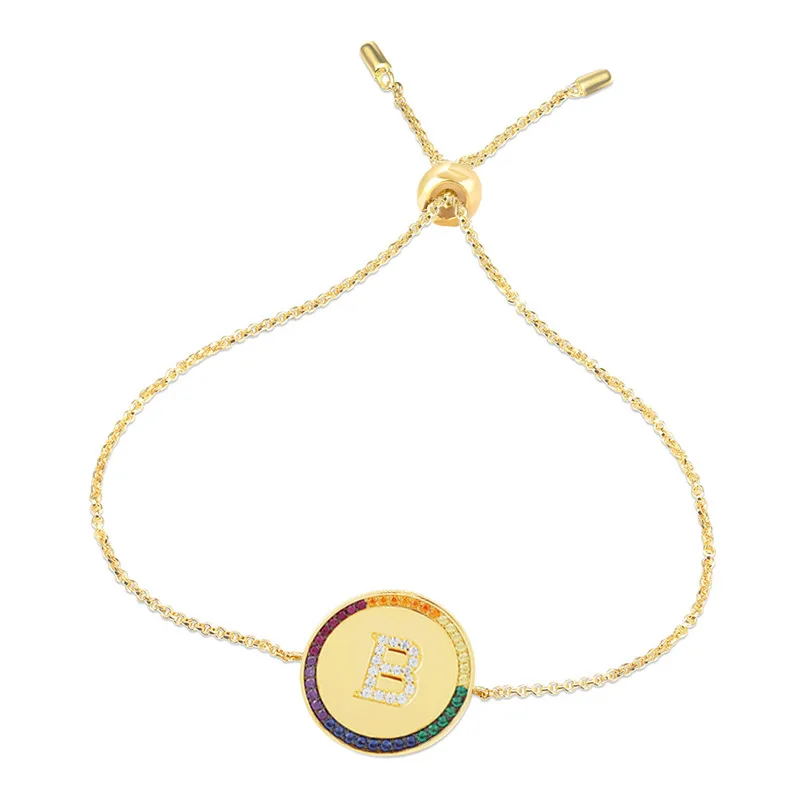 

Charm Colorful Rainbow Zircon 26 Initial Letter Bracelet For Women Adjustable Gold Round Rhinestone Bracelet Jewelry Best Gifts