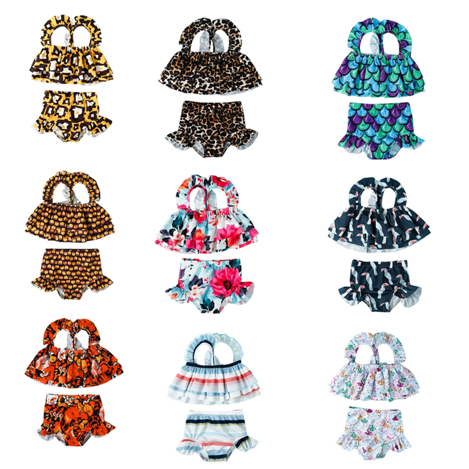 

Новый 9 видов стилей для малышей; Милое летнее платье для маленьких девочек многослойное платье без рукавов с принтом Раффлед Бикини Топ + ку...