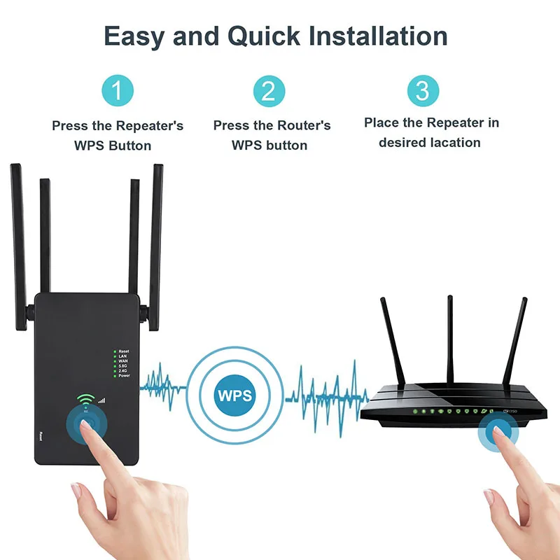 

WiFi Range Extender Repeater 5GHz 2.4GHz Dual Band 1200Mbps Repeater Wireless Signal Booster WiFi Extender Signal Amplifier
