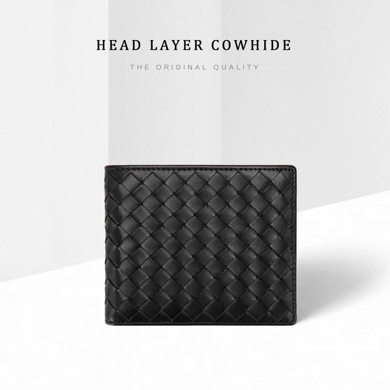 

Men Wallets 100% Leather Top Baby Cow Leather Short money clip Fashion Woven Luxury Brand Wallet Simple Business 2021 New Spot