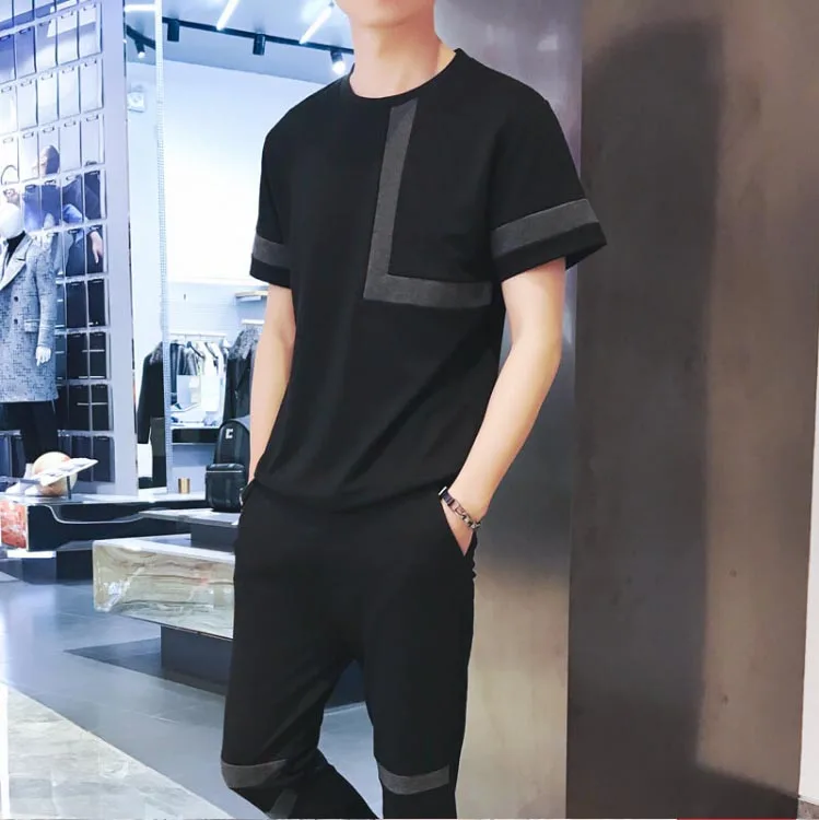 

2019 summer new short-sleeved t-shirt male Korean version of the trend of leisure handsome nine pants two-piece suit tide bran