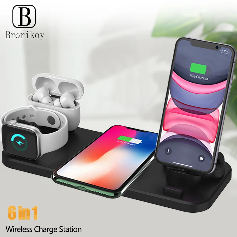 6 in 1 wireless charger stand mobile phone quick charge dock micro usb type c for iphone iwatch 5 4 3 airpods wireless charging free global shipping