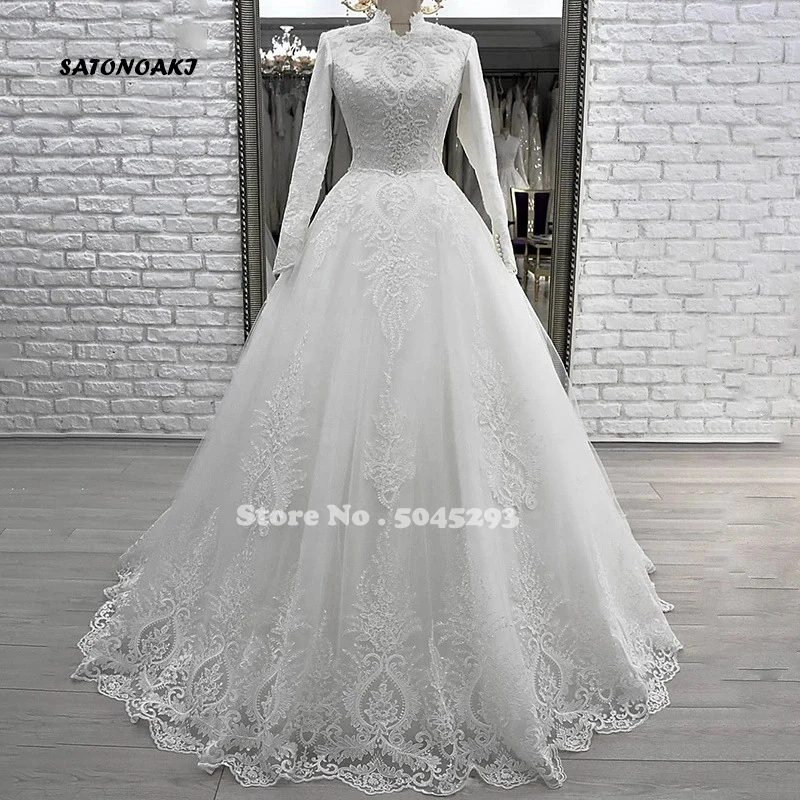 

Muslim Wedding Dress 2020 High Neck Long Sleeve Dubai Bride Ball Gown Lace Beaded Button Plus Size Vestido De Novia Undefined