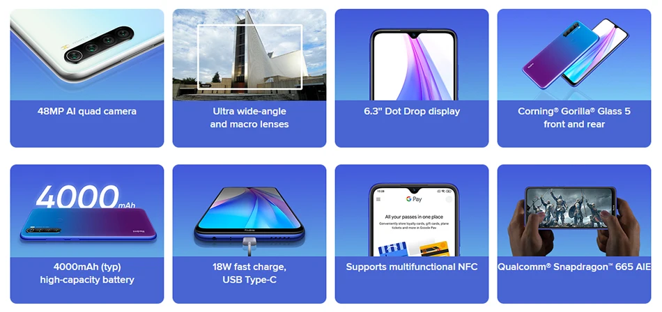 Xiaomi Redmi Note 8 T, глобальная версия, 4 Гб ОЗУ, 64 Гб ПЗУ, NFC, мобильный телефон, 48мп, четырехъядерный процессор Snapdragon 665, четыре ядра, 4000 мА/ч