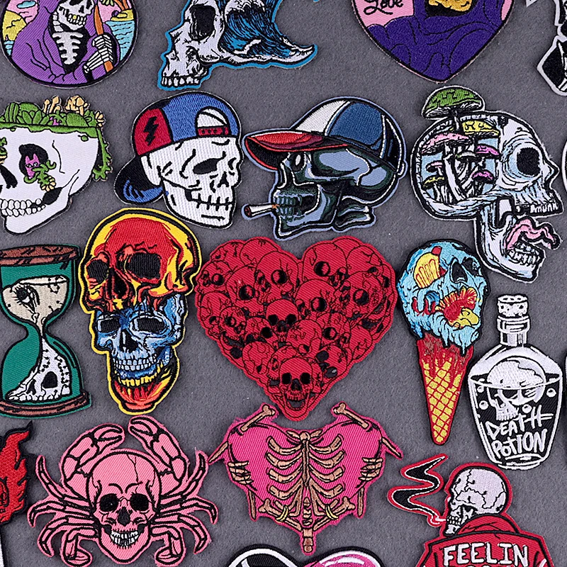 

Punk Heart Skull Embroidered Patches For Clothing Thermoadhesive Patches DIY Hippie Skeleton Iron On Patches On Clothes Stripes