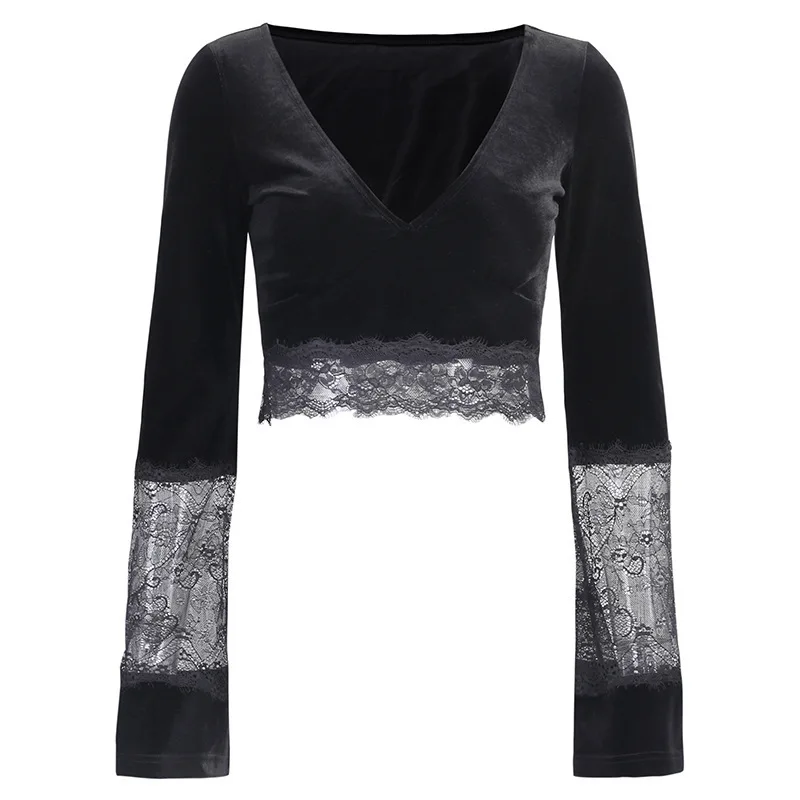 

JIEZuoFang Goth Sexy Women Crop Top Flare Long Sleeve Lace Hollow Out Black T-shirt Gothic Retro Female V-neck Tops Elegant Top
