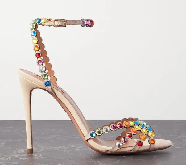 Женские босоножки на тонком каблуке с открытым носком и кристаллами | Обувь