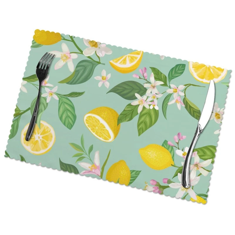 

Set of 6 Plant Fruit Lemon Floral Placemats for Dining Table Place Mat in Kitchen Accessories Cup Wine Mat