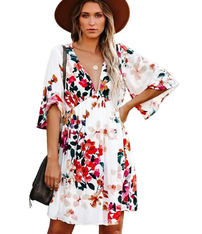 

Women Dress 2020 Spring Print Chiffon V-neck Dress Female Casual Fashion Loose Sexy Dress Ladies Beach Holiday Work Office Dress