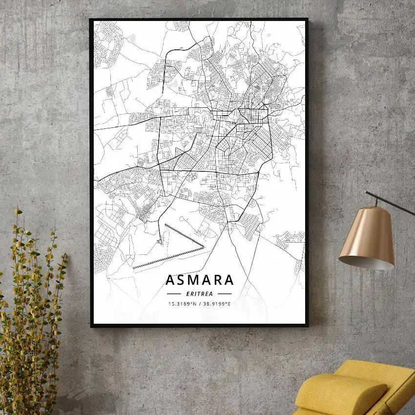 

Black and White Asmara Asmara Latitude Longitude Canvas Art Map Poster
