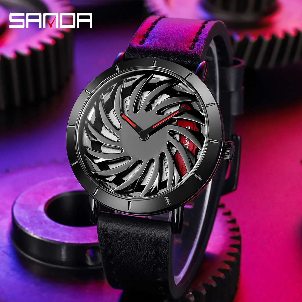 

Hot Sell Man Fashion Quartz WristWatch Car Rim Rotating Dial Men Clock Waterproof Sport Leather Creative 3D Print Wheel Watch