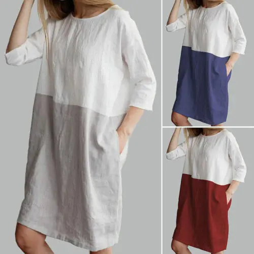 

Women Retro Contrast Color Dress 3/4 Sleeve Crew Neck Cotton Linen Casual Loose Plus Size Dress