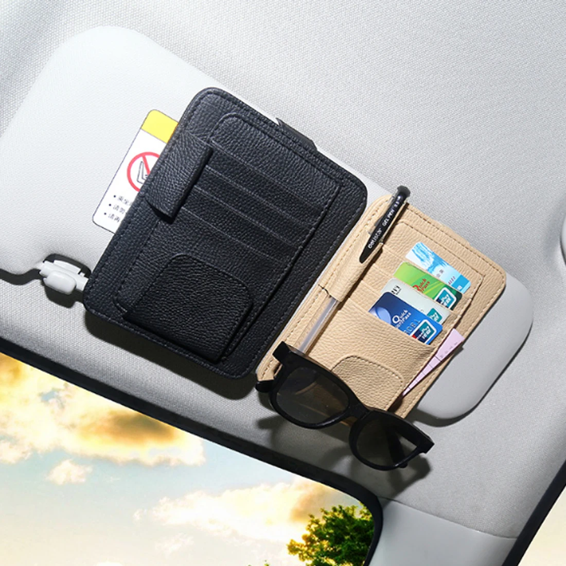 

HQ Universal Car Auto Card Clip Storage Organizer Holder Glasses and Card Clip Lichee Pattern Holder BagMulti-function
