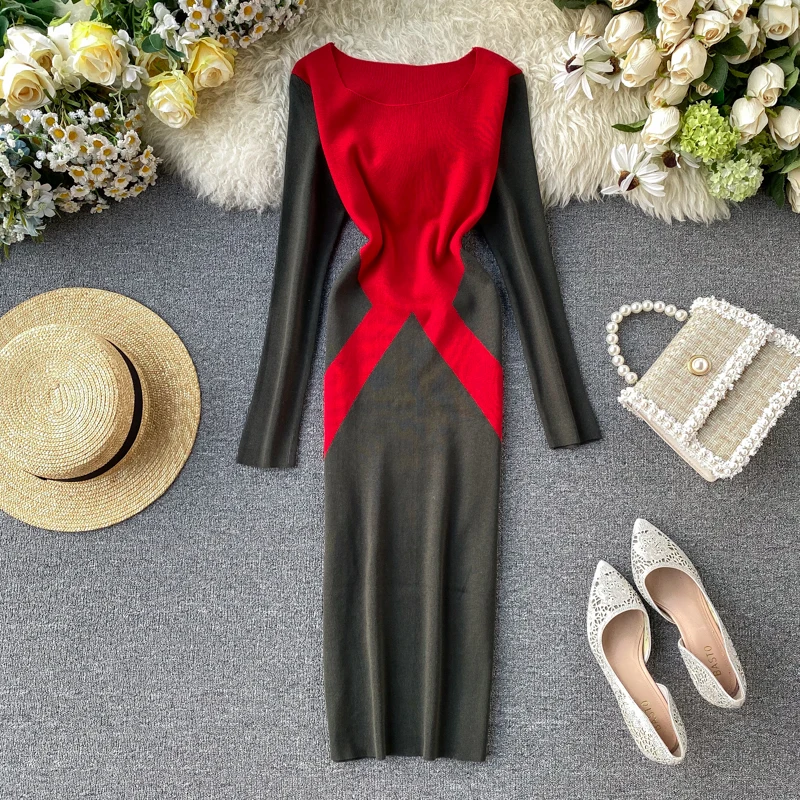 Элегантное платье миди для женщин с длинным рукавом в стиле пэчворк облегающие