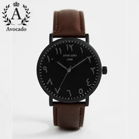avocado mens watches fashion black shell arabic numerals quartz wristwatches brown leather strap