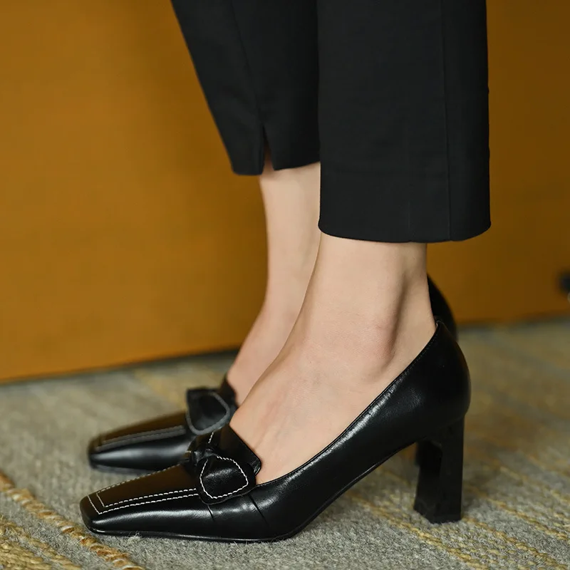2022 Spring New High Heels Square Toe Office Dress Ladies Leather Thick Heel Shallow Mouth Classic High Heels 7 Cm