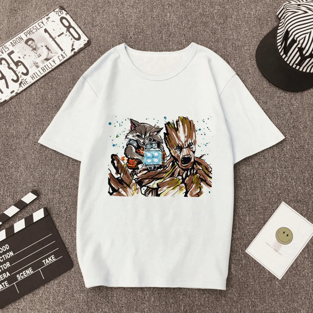 

Summer Unisex Tops Marvel Rocket Raccoon Groot Print T-shirt Female Tshirt Woman Clothing Fashion Tee Harajuku Casual T shirt