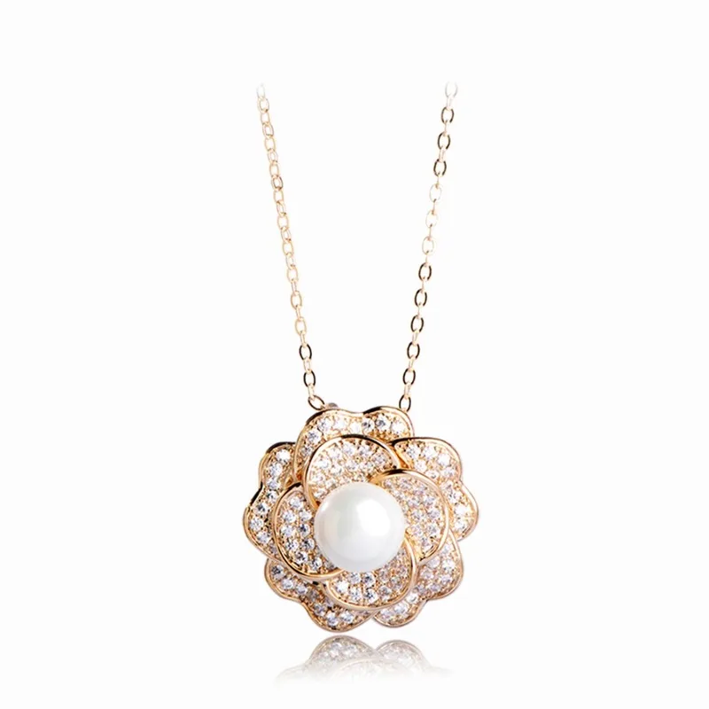 

MECHOSEN Luxury AAA Zircon Necklace&Earrings&Ring Set Multilayer Rose Flower Pendientes Copper Brincos Pearl Anel Bridal Schmuck