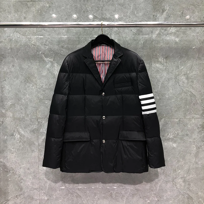 TB THOM Men's Winter Jacket Down Jacket Fashion Brand Black Suit Down-Filled Matte Nylon 4-bar Stripe Notched Wholesale TB Coat