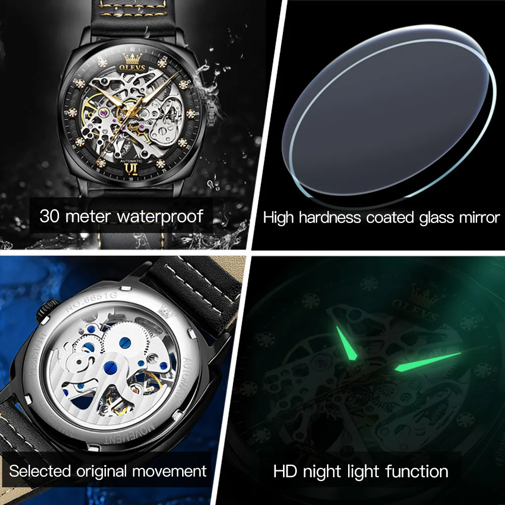 

OLEVS Tonneau Mechanical Watches Men Leather skeleton Automatic Wristwatch Sports Waterproof Watches Relogio Masculino gift 6651