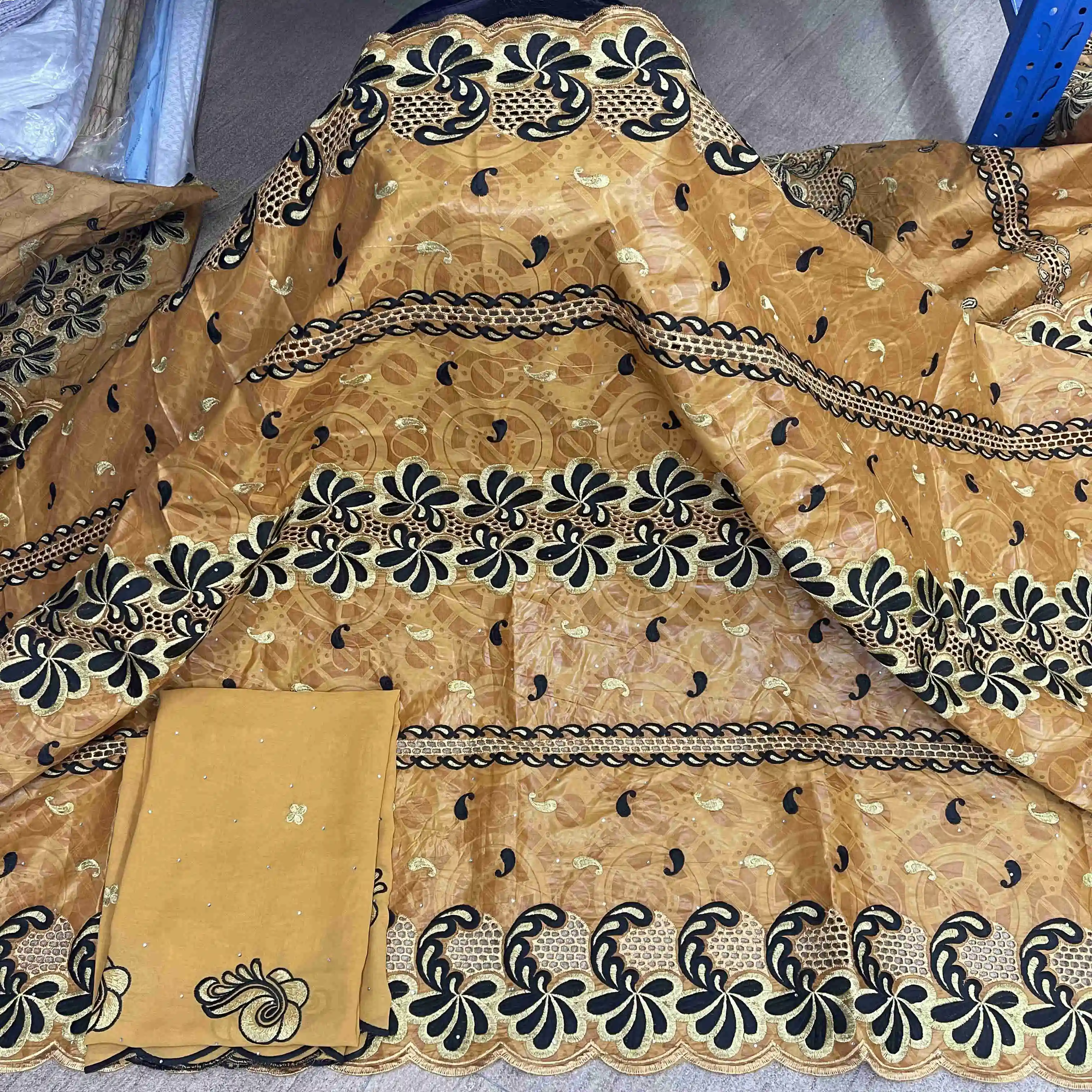 

New arrival Stone african Bazin riche fabric with beads embroidery lace / bazin riche dress material Nigerian HL1-6