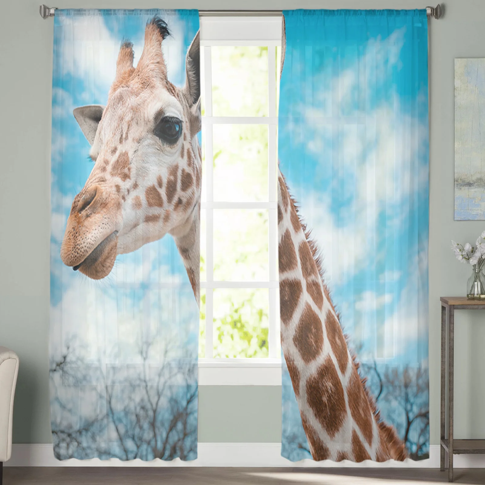 Прозрачные шторы с изображением жирафа и голубого неба для гостиной спальни
