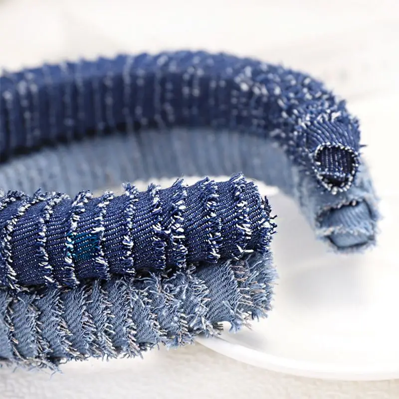 

Women Thick Sponge Padded Headband Denim Cloth Wrapped Tassels Striped Bandana