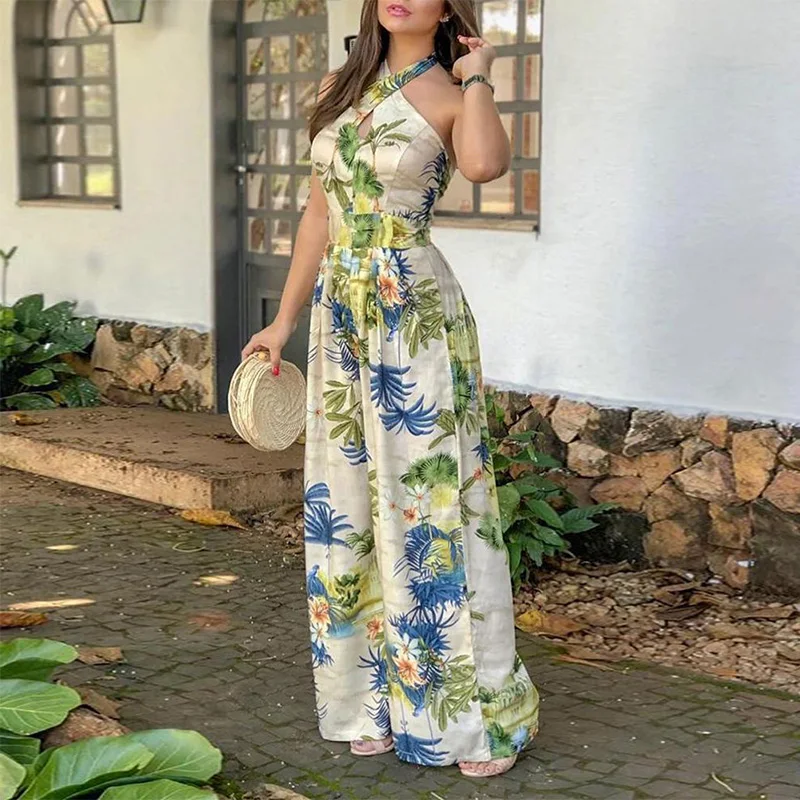 Перекрестный комбинезон с лямкой на шее и тропическим принтом для женщин