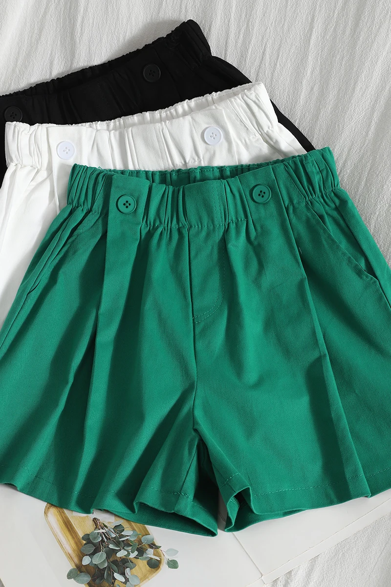 

Button Elastic Waist Green Shorts Solid Color Casual Summer New Slim Wide Leg Korean Straight Shorts