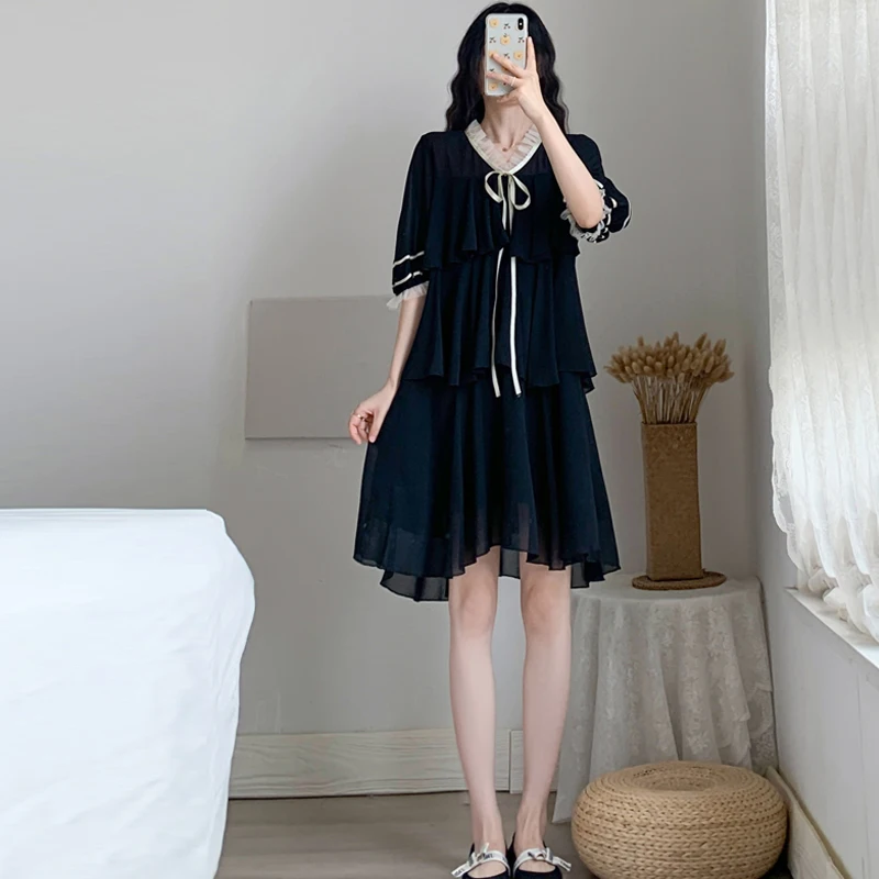 

2021 Plus Size Summer Dress Women Chiffon Lace Vestidos Oversize Patchwork Tie Casual Floral Style Black Retro Dresses