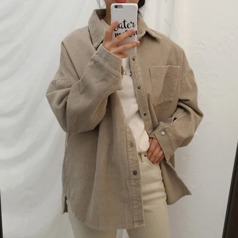 

Zoki Harajuku Corduroy Women Shirt Jackets Autumn Long Sleeve Thin Coats Casual Vintage Pocket Female Button Up Overcoats 2021