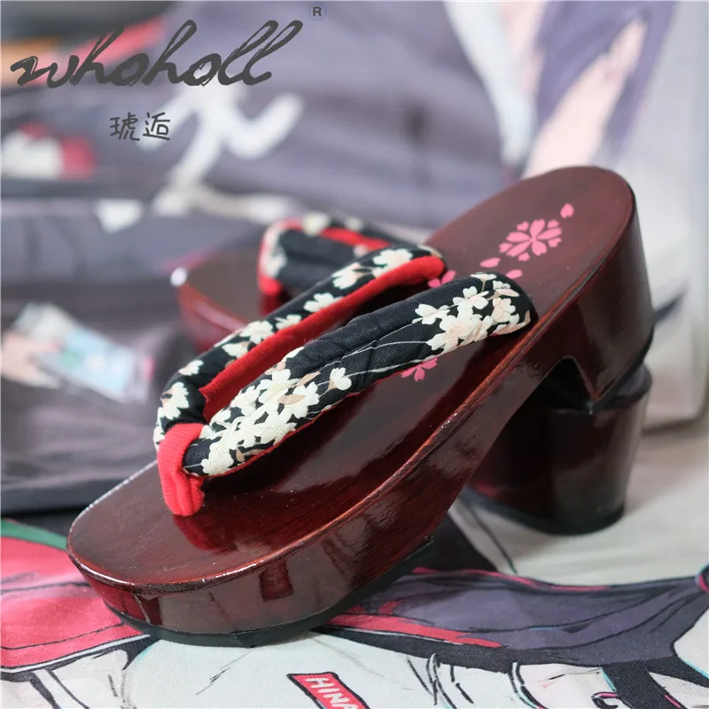 WHOHOLL Geta Japanese Clogs Women Slippers Flip Flops Wood Wedge Sandals Red Bottom Sakura Print cosplay shoes | Тематическая